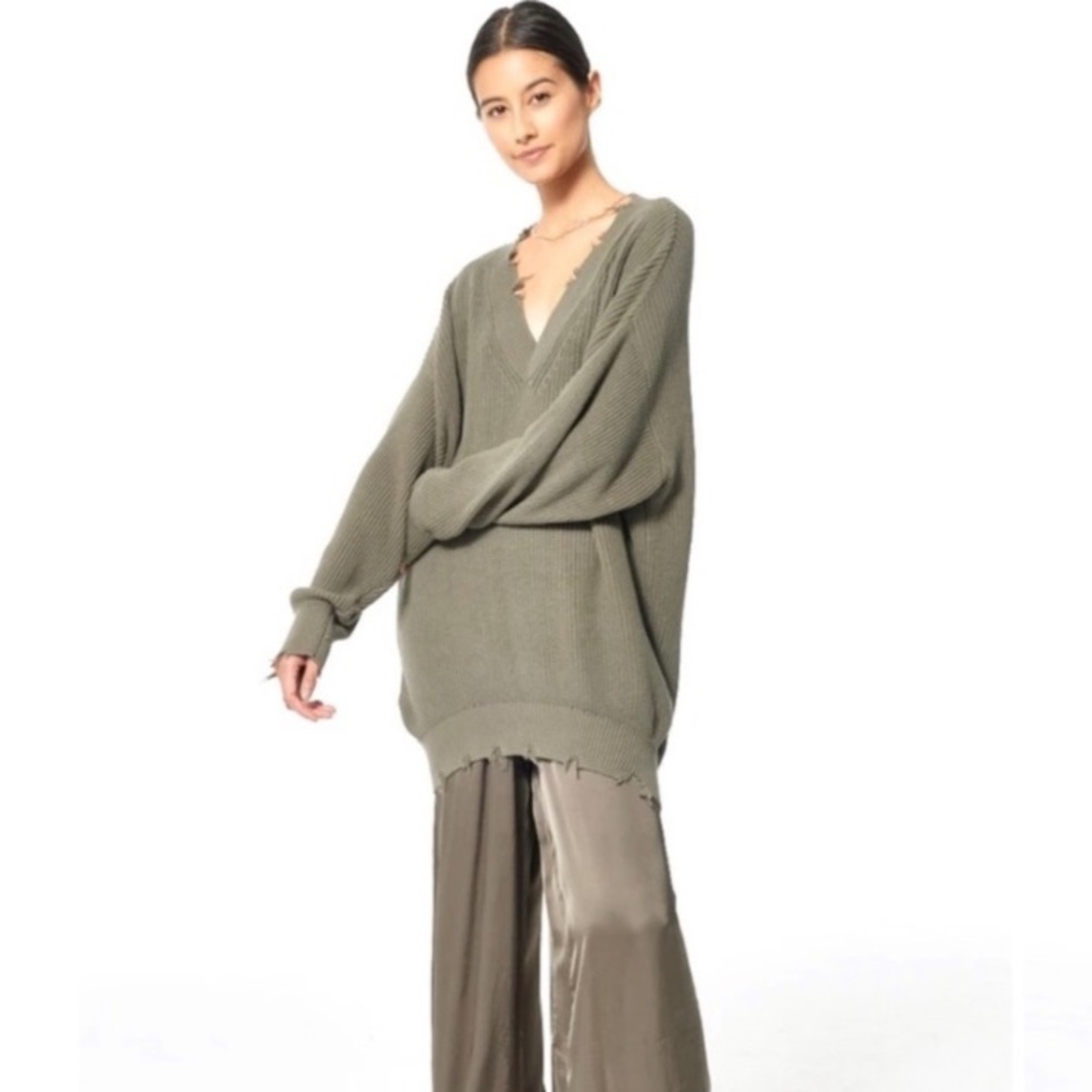 Young Fabulous & Broke Run Away Green Distressed V-neck Oversized Sweater
